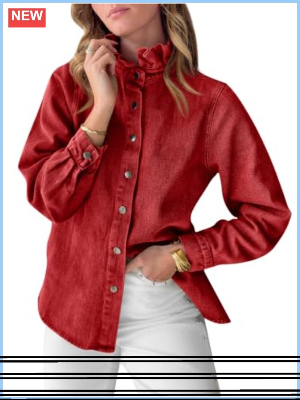 Washed Denim Button Down Shirt Long Sleeve Ruffle Collar Blouse